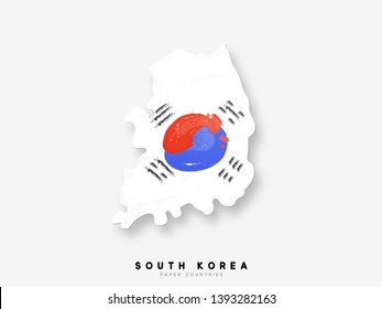 South Korea detailed map with flag of country. Painted in watercolor paint colors in the national flag.