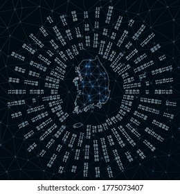 South Korea digital map. Binary rays radiating around glowing country. Internet connections and data exchange design. Vector illustration.