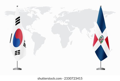 South Korea and Dominican flags for official meeting against background of world map.