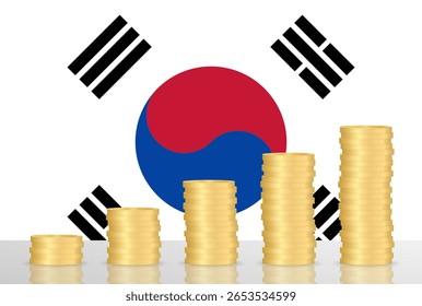 South Korea Economy. Flag of South Korea with Coin Stack. Financial and Investment Concept. Vector Illustration.  