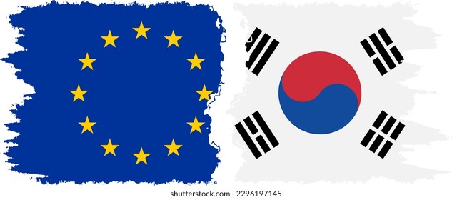 South Korea and European Union grunge flags connection, vector