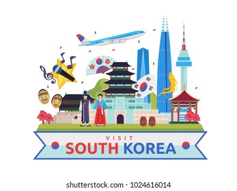 South Korea Famous Tourist Destination Banner Illustration