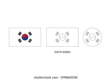 South Korea flag 3 versions, Vector illustration, Thin black line of rectangle and the circle on white background.