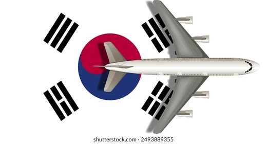 Bandera de Corea del Sur con un avión volando sobre ella de cerca. Vector Imagen.