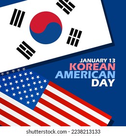 South Korea flag and American Flag with bold text on dark blue background to commemorate Korean American Day on January 13