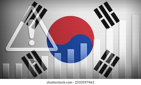 South Korea flag with burlap texture, warning sign, and rising bar chart symbolizing increasing risk or growth challenges in the country. Ideal for data presentations.