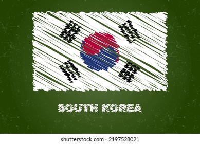 South Korea flag with chalk effect on green chalkboard, hand drawing country flag concept, green blackboard with South Korea flag, chalk texture, flag for kids, classroom material