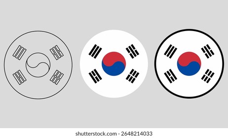 Ícones do círculo da bandeira da Coreia do Sul em três estilos: contorno, cor sólida e borda em negrito. Cores oficiais normalizadas. Perfeito para educação, design de interface do usuário, crachás e infográficos internacionais.
