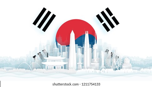 South Korea flag and famous landmarks in paper cut style vector illustration.