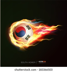 South Korea flag with flying soccer ball on fire isolated black background, vector illustration