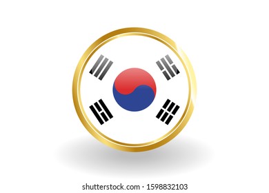 South Korea flag in the form of a circle, can be used for independence or other events.  South Korea icon gold glossy badge button with South Korea flag and shadow on white background.