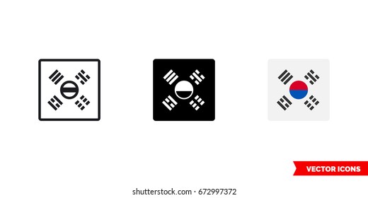 South korea flag icon of 3 types: color, black and white, outline. Isolated vector sign symbol.