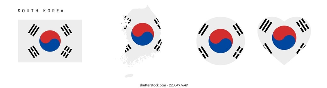 South Korea flag icon set. South Korean pennant in official colors and proportions. Rectangular, map-shaped, circle and heart-shaped. Flat vector illustration isolated on white.