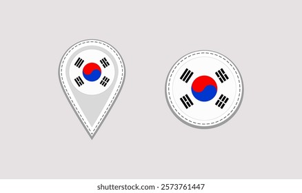 South Korea flag map pointer and round isolated icon. vector illustration. Simple rounded sticker and location sign shapes. South Korean official symbols. isolated pins badges