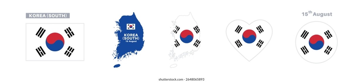 bandeira e conjunto de mapas da coreia do sul. bandeira da coreia do sul em cores e proporções oficiais. dia da independência 15 de agosto , mapa, círculo e coração em forma de coreia do sul	
