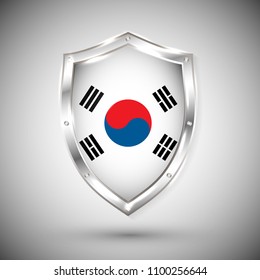 South Korea flag on metal shiny shield vector illustration. Collection of flags on shield against white background. Abstract isolated object.