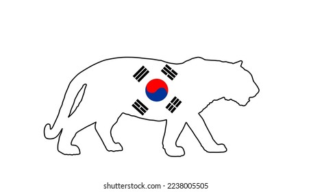 South Korea flag over tiger national animal vector silhouette illustration isolated on white background. South Korea patriotic emblem. Tiger line contour shape shadow.