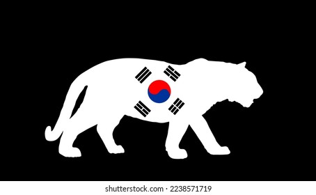 South Korea flag over tiger national animal vector silhouette illustration isolated on black background. South Korea patriotic emblem. Tiger shape shadow banner. Asia powerful wild cat silent predator