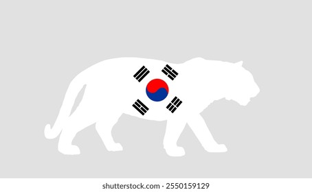 South Korea flag over tiger national animal vector silhouette illustration isolated on white background. South Korea patriotic emblem. Tiger shape shadow banner. Asia powerful wild cat silent predator