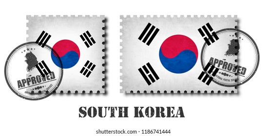South korea flag pattern postage stamp with grunge old scratch texture and affix a seal on isolated background . Black color country name with abrasion . Square and rectangle shape . Vector .