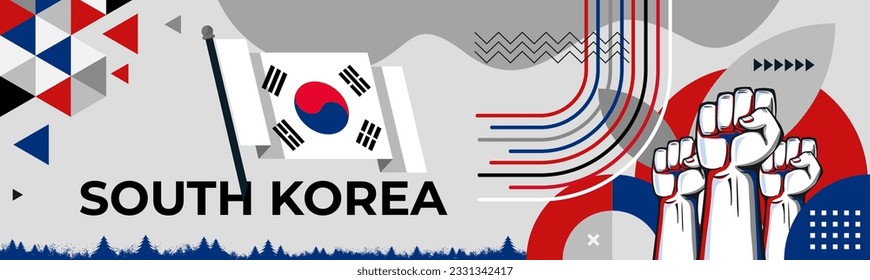 South Korea Flag with raised fists. National or Independence day design for south Korean people. Modern white red blue abstract banner cover. Corporate Vector illustration.