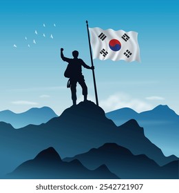 South Korea Flag raised on a mountain peak with clear sky in the background, vector illustration