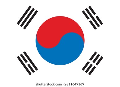 South Korea flag, red and blue yin-yang symbol, four black trigrams. White background highlights clean, symbolic design. Flag represents national identity and cultural heritage