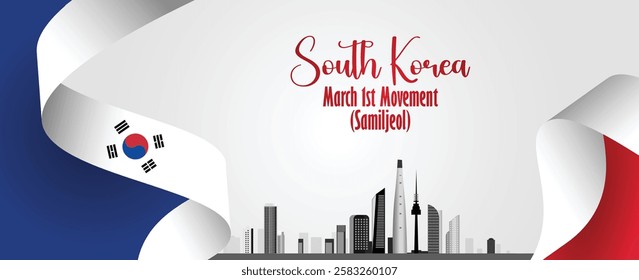 South Korea flag ribbon with cityscape March 1st Movement Samiljeol vector poster