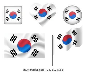 South Korea flag set of icons. Vector flag of South Korea symbol. Set of korean flags button, waved, heart.