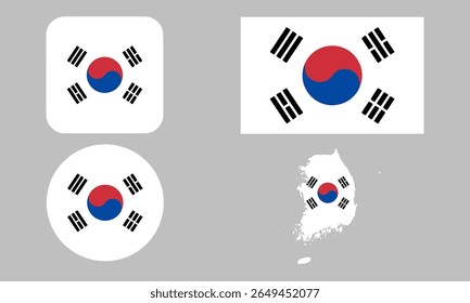 Conjunto de ícones da bandeira da Coreia do Sul. Um conjunto de sinalizadores em formas quadradas, retangulares, de mapa e arredondadas. Ícone Sinalizador.