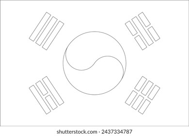South Korea flag - thin black vector outline wireframe isolated on white background. Ready for colouring.