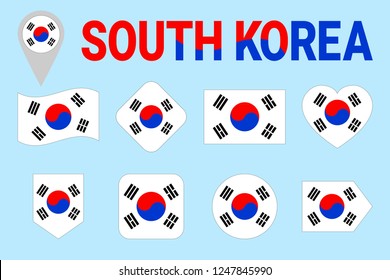 South Korea flag vector set. Different geometric shapes. Flat style. South Korean flags collection. Can use for sports, national, travel, geographic design elements. isolated icons with state name
