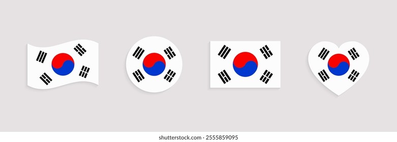 South Korea flag vector set. Geometric shapes. South Korean national symbols collection. Web, national, travel, patriotic design element. rectangle, round, love heart and waved flagstaff isolated icon