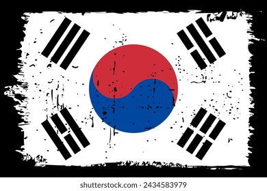 Südkorea-Flagge - Vektor-Flagge mit stilvollem Scratch-Effekt und schwarzem Grunge-Rahmen.