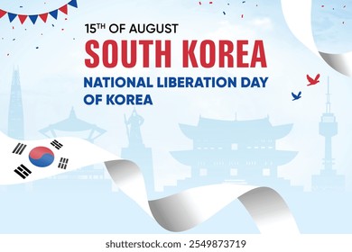 Südkorea-Flagge auf Skyline-Hintergrund. National Liberation Day of Korea Concept Design Vektor Illustration.