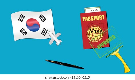 South Korea flag with white plane icon. Passport with visa approved stamp. Black stylish Pen. South Korean Travel poster. Editable vector EPS available