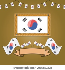 South Korea Flags On Frame Wood, Label, Simple Gradient and Vector Illustration