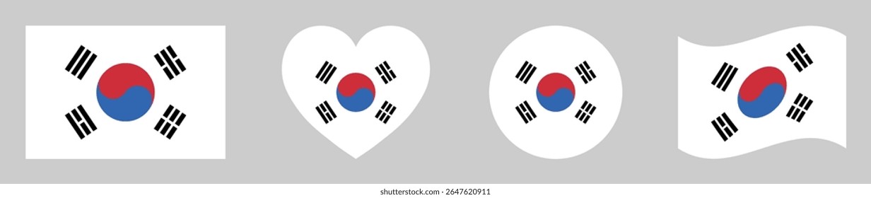 Bandeiras da Coreia do Sul definidas em quadrado, coração, círculo e acenando formatos projeta elemento. Coleção de bandeiras da Coreia do Sul. Conjunto de ícones de bandeiras da Coreia do Sul isolados em fundo cinza. Ilustração vetorial.