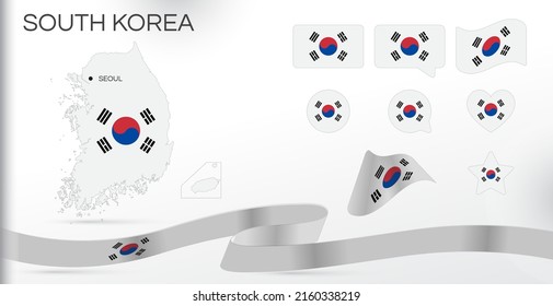 South Korea flags set. Various designs. Map and capital city. World flags. Vector set. Circle icon. Template for independence day. Collection of national symbols. Ribbon with colors of the flag. Seoul