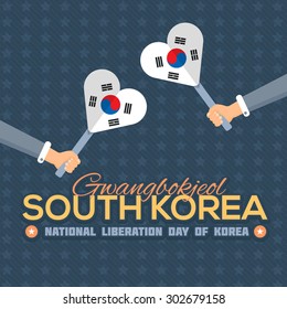 South Korea Flat Style Celebration Card and Greeting Message Poster Design, Background, Badges - "Gwangbokjeol" English "Liberation Day of Korea" - Hands hold Hearts Style Korea Flags