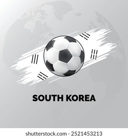 Corea del Sur Fútbol con la bandera de Corea del Sur y el mapa mundial detrás de ellos. aislado en el fondo blanco