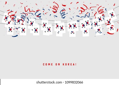 South Korea garland flag with confetti on gray background, Hang bunting for korean celebration template banner. vector