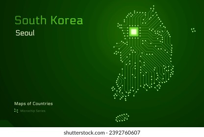 South Korea Glowing Map with a capital of Seoul Shown in a Microchip Pattern. E-government. World Countries vector maps. Microchip Series
