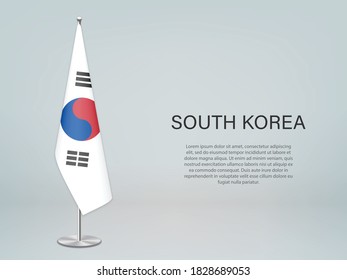 Corea del Sur colgando la bandera en el estrado. Plantilla para banner de conferencia política