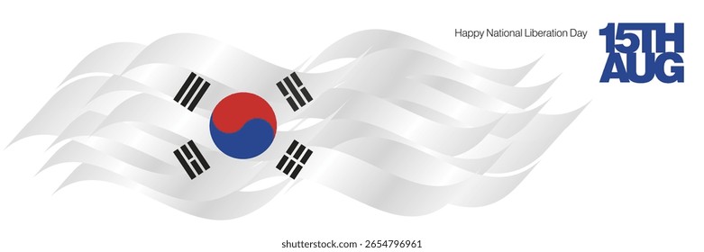 South Korea Happy National Liberation Day 15th of August banner. South Korea abstract flag ribbon background with bold typography lettering message 15th of August