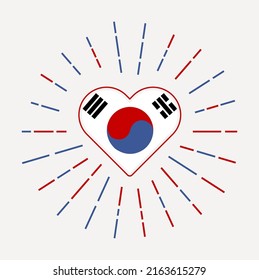South Korea heart with flag of the country. Sunburst around South Korea heart sign. Vector illustration.