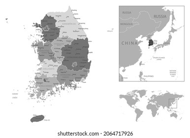 Corea del Sur - mapa blanco y negro altamente detallado. Ilustración del vector