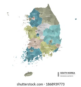 South Korea higt detailed map with subdivisions. Administrative map of South Korea with districts and cities name, colored by states and administrative districts. Vector illustration.