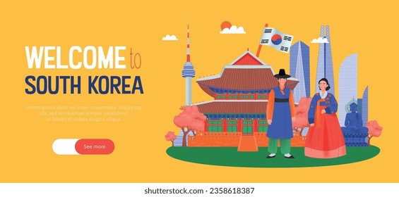 Banner horizontal de corea del sur con bienvenida a corea del sur titular y ver más ilustración vectorial de botón