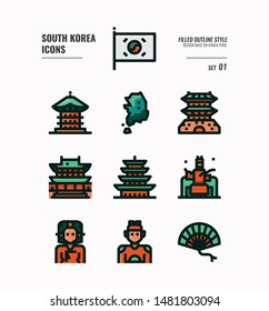 South Korea icon set 1. Include flag, landmark, people and more. Filled Outline icons Design. vector illustration